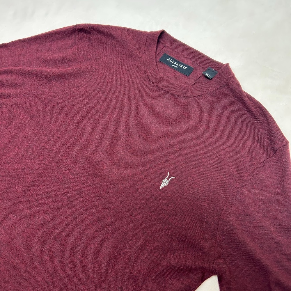 AllSaints Nomo Crew Sweater Mens Small Burgundy Wool Blend Pullover Knit Top